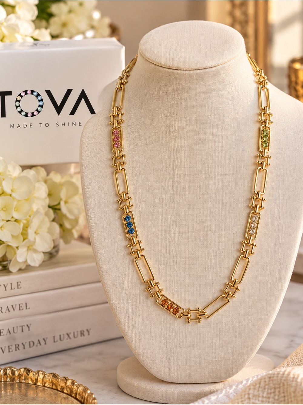 Tova Bevon single or Double Gold Link Necklace with multi color crystal accents,